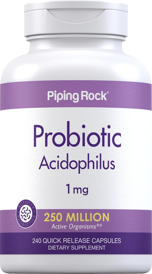 Piping Rock Probiotic Acidophilus Capsules - 240 Count, 1mg, 250 Million CFU, Non-GMO, Gluten Free for Men and Women