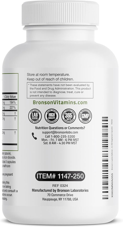 Bronson L-Lysine Defense Immune Support Complex 1500 MG - 250 Non-GMO Vegetarian Capsules with Olive Leaf, Garlic,