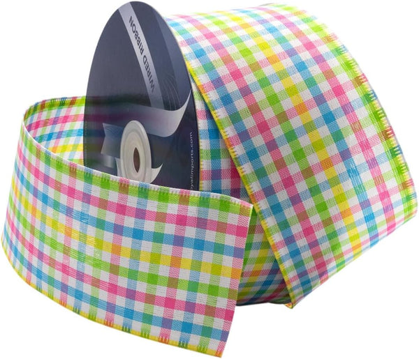 Royal Imports Spring Pastel Wired Ribbon, 2.5" Gingham Design, 25 Yd Roll for Baby Shower