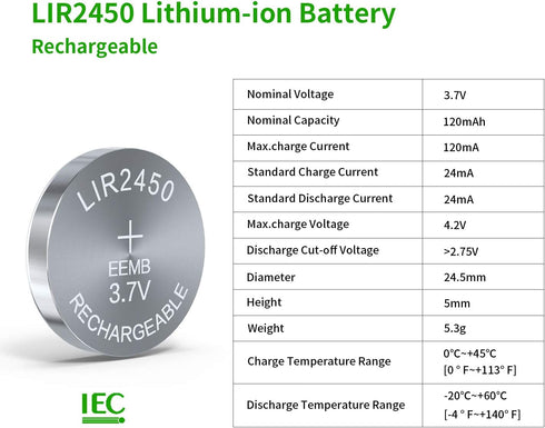 EEMB 10PCS LIR2450 Rechargeable Battery 3.7V Lithium-ion Coin Button Cell Batteries 120mAh