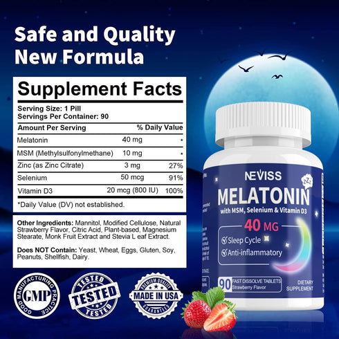 Melatonin 40 mg for Adults - Fast Dissolve & Chewable Sublingual Sleep Supplement with Vitamin D3 & MSM, 180 Servings