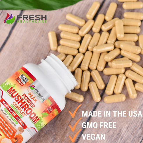 FRESH HEALTHCARE Mushroom Supplement, Lions Mane, Cordyceps, Reishi, Turkey Tail, 90 Vegan Capsules