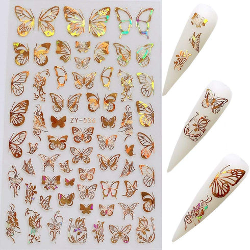NAIL ANGEL 8Sheets Nail Art Adhesive Sticker Sheets with Different Laser Gold and Silver Butterfly Shapes