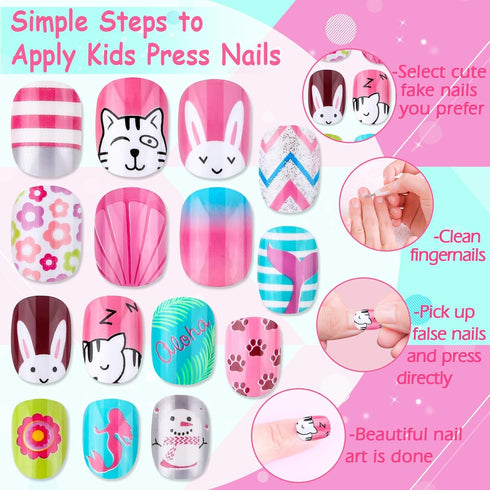 Kids Press on Nails, Thrilez 144Pcs Girls False Nails, Pre Glue Stick on Short Nails Decoration Gift for Ages 7-12