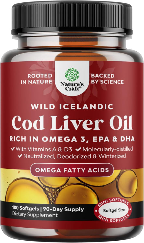 Icelandic Cod Liver Oil Softgels, Wild Caught EPA DHA Omega-3, 1000mg, Burpless Fish Oil Supplement
