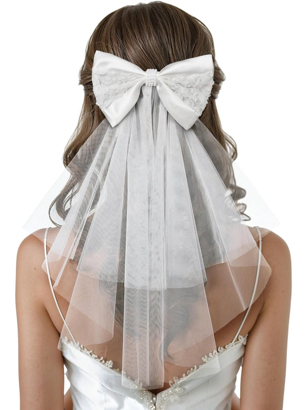 SWEETV Bridal Hair Bow Veil, White Bow Clip Bachelorette Party Decorations, Pearl Accessories for Bride to Be