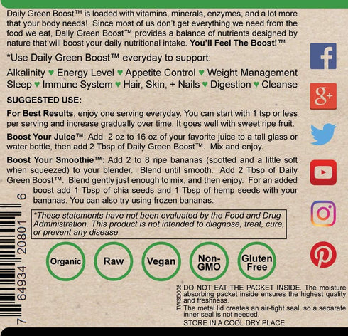 Daily Green Boost, 8oz Organic Raw Vegan, Gluten-Free