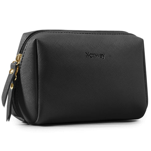 Narwey Small PU Leather Makeup Bag - Mini Cosmetic Pouch with Compartments for Women and Girls (Black)