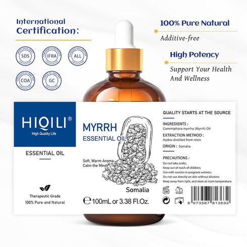 HIQILI Myrrh Essential Oil for Skin, Massage, Pain Relief, 100% Pure & Natural - 3.38 Fl Oz