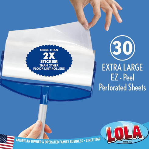 Lola Rola Giant Floor Lint Roller, 9" W x 3.5" Dia., Best Pet Hair Remover with 30 Large Adhesive Sheets