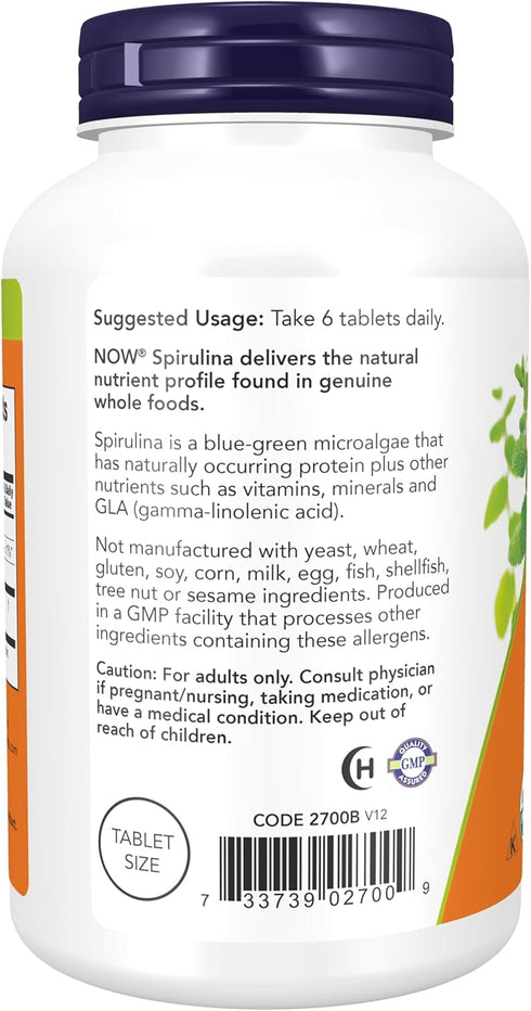 NOW Supplements Organic Spirulina 500 mg - 500 Tablets with Vitamins, Minerals, and GLA