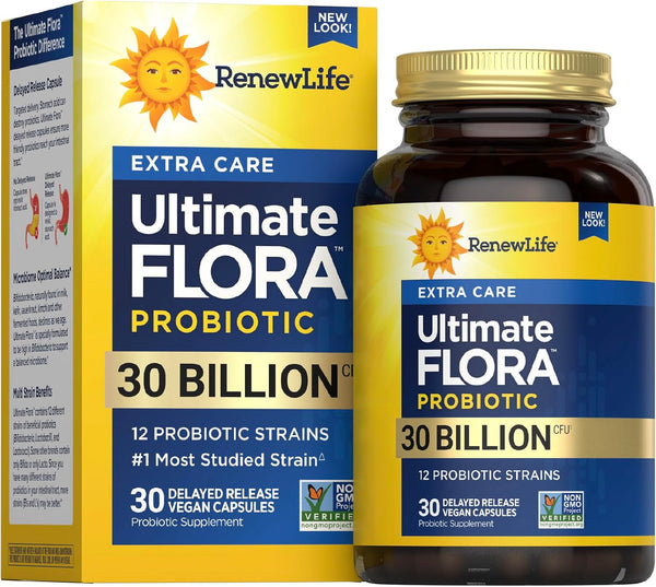 Renew Life Extra Care Digestive Probiotic Capsules, 30 Count, 30 Billion CFU, L. Rhamnosus GG, Dairy, Soy, Gluten-Free,
