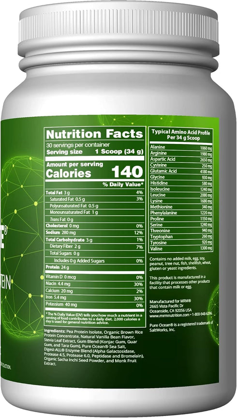 MRM Nutrition Veggie Elite Performance Protein, Vanilla Bean, Plant-Based, 30 Servings, Vegan, Gluten-Free