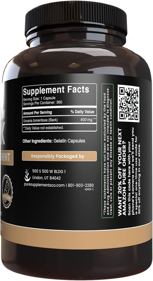 Pure Original Ingredients Cat's Claw Bark (365 Capsules) No Fillers, Always Pure, Lab Verified