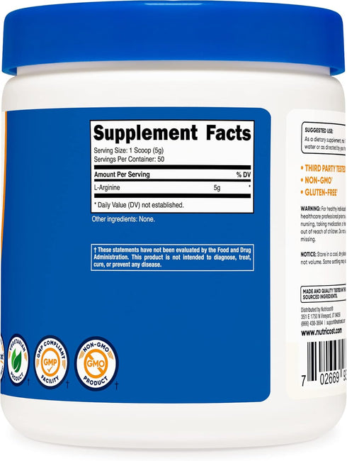 Nutricost L-Arginine (250 Grams) - Pure L-Arginine Powder, 5000mg Per Serving; 50 Servings