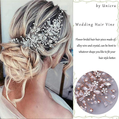 Unicra Bride Flower Wedding Hair Vine, Crystal Bridal Piece Rhinestone Jewelry Bead Headpiece for Women