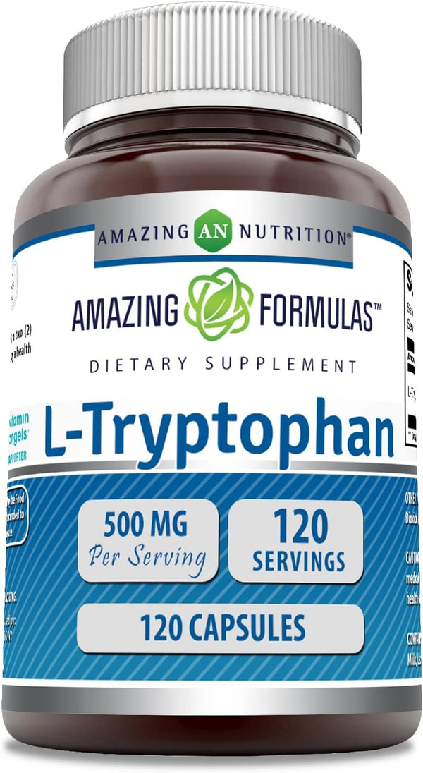 Amazing Formulas L-Tryptophan Amino Acid Supplement, 500 Mg per Serving, 120 Capsules, Non-GMO, Gluten-Free, Made in USA