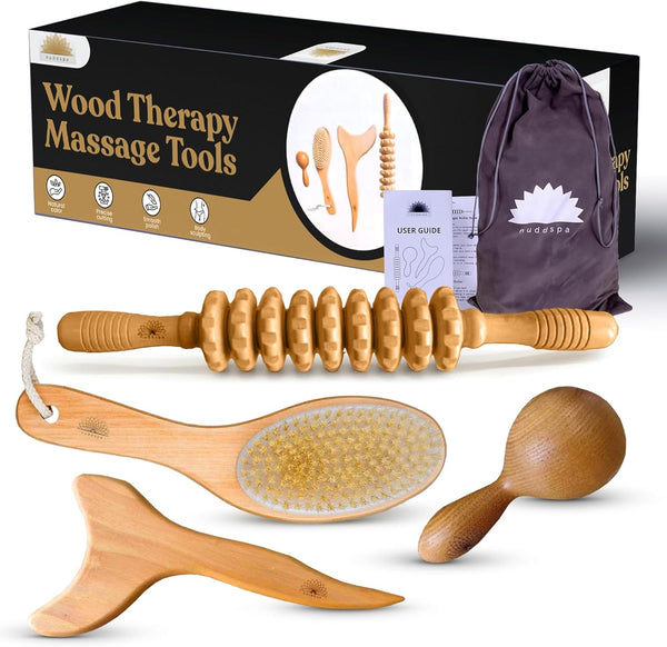 Nuddspa Wood Therapy Massage Tools 4 Pcs, Lymphatic Drainage Massager, Maderoterapia Kit, Anti