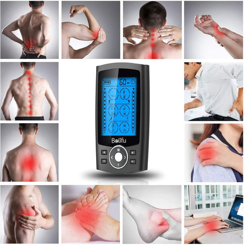 Belifu Dual Channel TENS EMS Unit - 24 Modes Muscle Stimulator for Pain Relief Therapy with 10 Pads