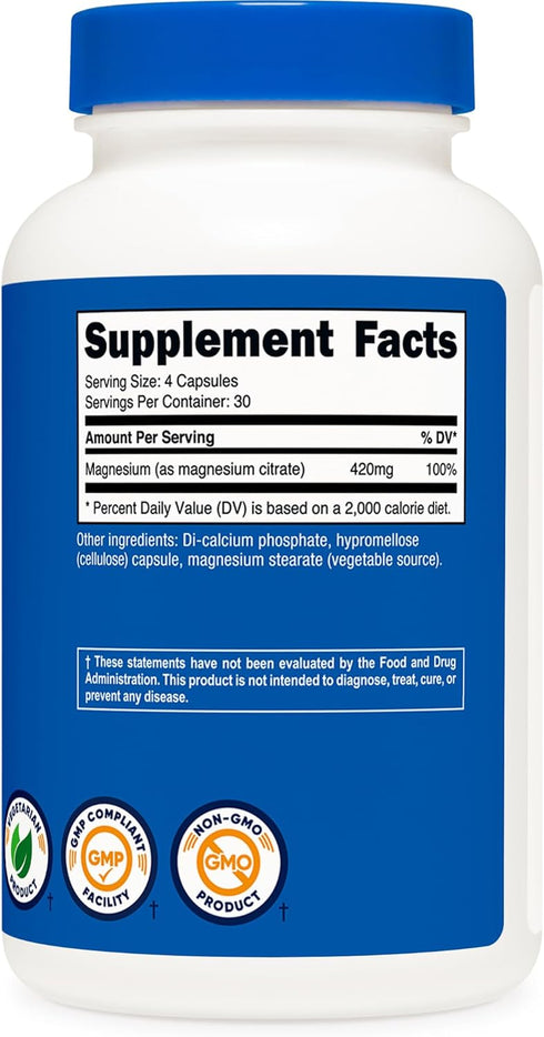 Nutricost Magnesium Citrate 420mg, 120 Veggie Capsules - Gluten Free, Non-GMO Supplement