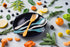 Knork Eco Astrik Reusable Compostable Plant-Based Utensil Set - 8 Piece with Carry Case in Orange Blue White Gray