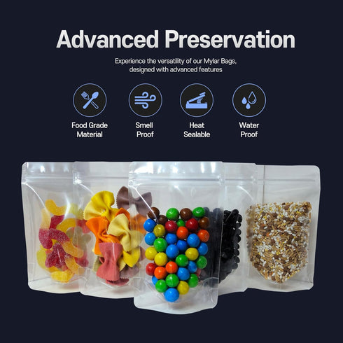 Mylar Bags 4”x6” - Pack of 100 Clear Smell Proof Mylar Ziplock Bags, Resealable and Heat Sealable for Food Storage