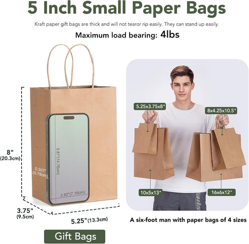GSSUSA Brown Paper Bags, 5.25x3.75x8, 20 Pcs, Small Gift Bags with Handles, Sturdy Kraft Paper for Party Favor