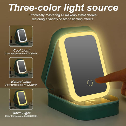 Travel Portable LED Makeup Bag, Adjustable Light-Up Mirror Cosmetic Case for Women (Green)