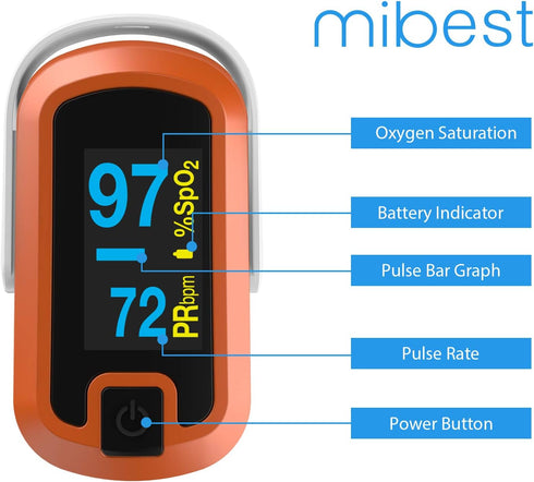 Orange Dual Color OLED Finger Pulse Oximeter by MIBEST - Blood Oxygen Saturation Monitor with OLED Screen