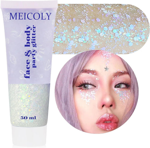 MEICOLY Chameleon Iridescent White Body Glitter, Chunky Face Glitter Paint, Color Changing Mermaid Glitter Gel
