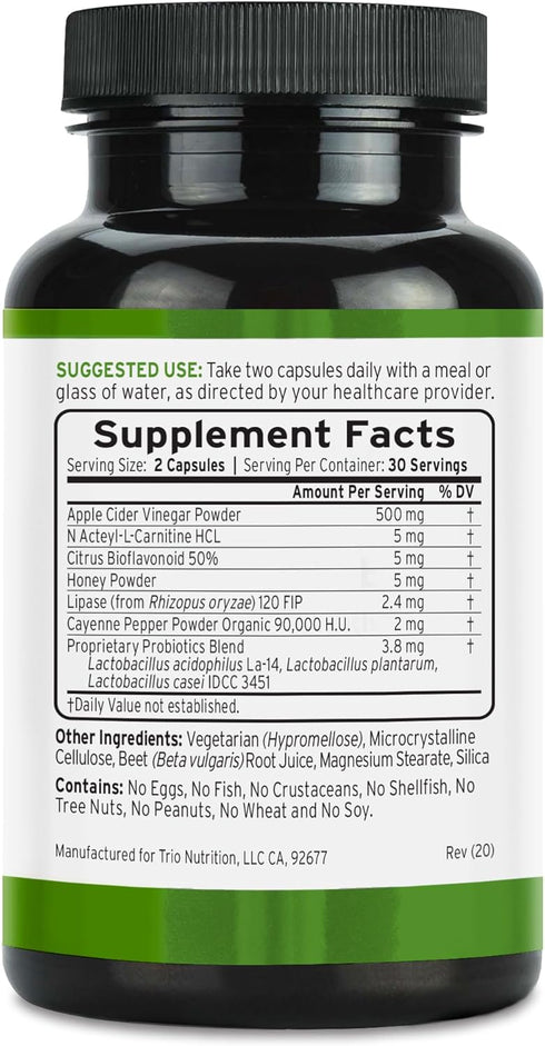 Immunity, TRIO NUTRITION Apple Cider Vinegar Capsules with Multi-Strain Probiotics - Natural Sugar Free ACV Capsules