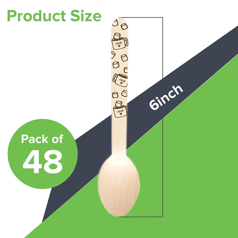 Perfect Stix Sucre Shop Marshmallow Spoon, 48 Wooden Cutlery Spoons with Hot Cocoa Print, Pack of 48