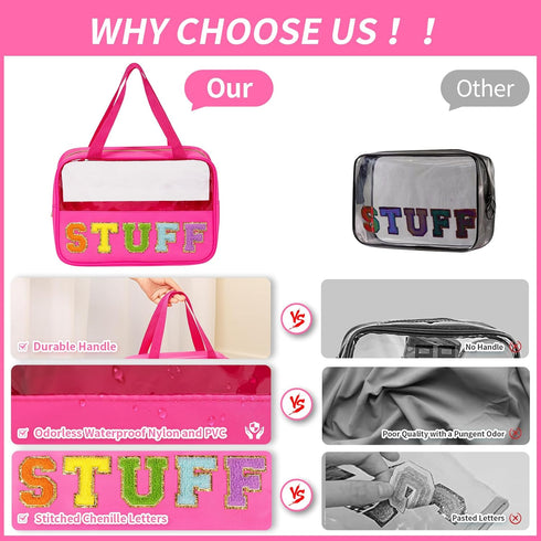 Chenille Letter Patch Clear Makeup Bag, Preppy Nylon with Handle and Zipper, Waterproof Travel Toiletry Bag