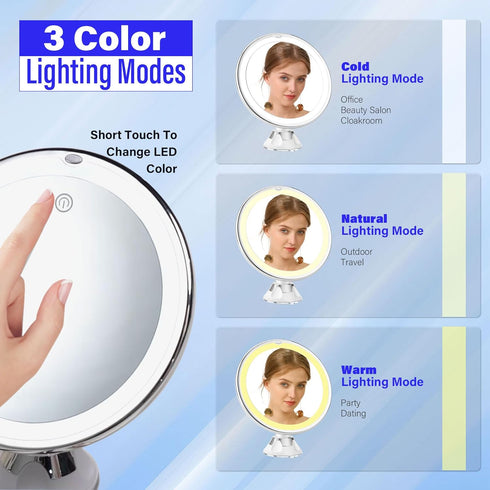 Snowflakes 10x Magnifying Lighted Makeup Mirror with Lights, Suction Cups, 360° Swivel, Touch Control