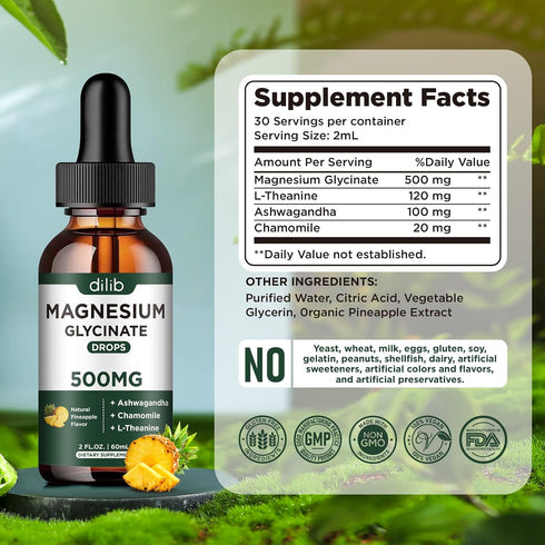(2 Pack) Magnesium Glycinate Supplement, Liquid Drops with 500mg Ashwagandha, L-Theanine, Chamomile for Calm Sleep