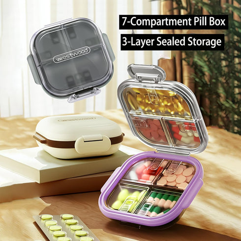Niuthreee 7 Travel Pill Organizer - Airtight Medicine Case for Traveling Portable Pharmacy Box with Labels Vitamin