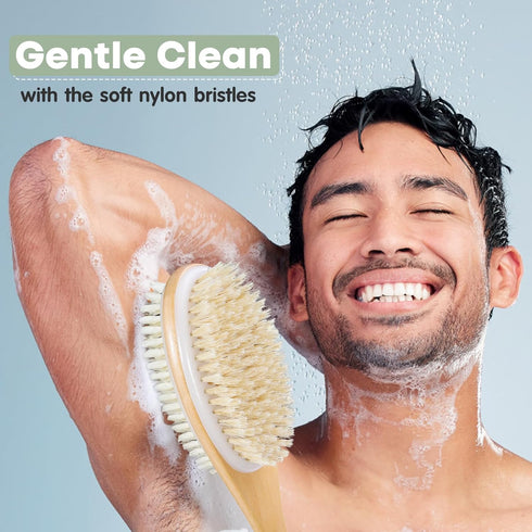 Body Scrubber with Soft and Stiff Natural Bristles, Dual-Sided Long Handle Shower Brush for Bath