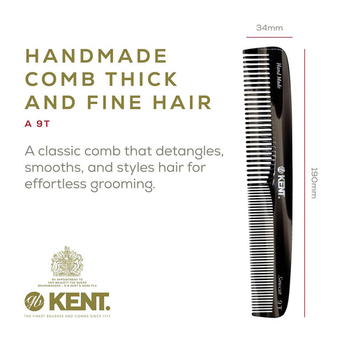 Kent 9T Black Graphite Detangler Comb, Fine Tooth and Wide Tooth, Large Handmade Dressing Comb, Made in England
