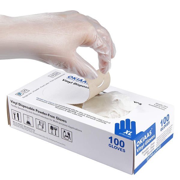 OKIAAS Disposable Gloves XL, Food Safe| Latex-Free and Powder-Free Clear Vinyl Gloves for Cooking, Food Prep, Household Cleaning | Medium,100 Counts/Box