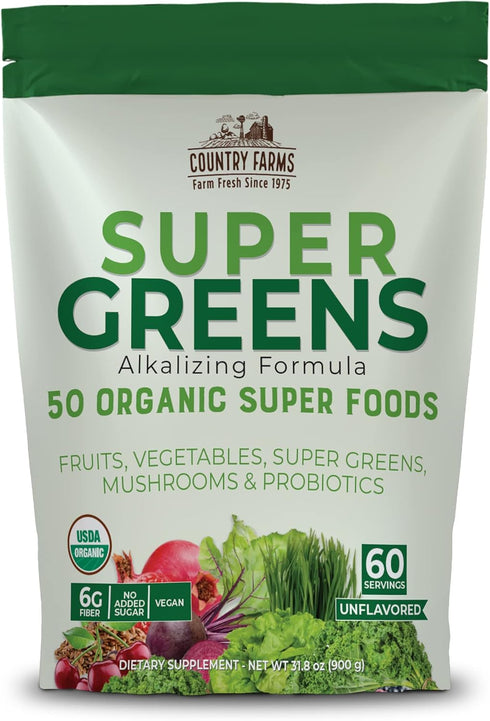 COUNTRY FARMS Super Greens Natural Flavor, 50 Organic Super Foods, 60 Servings Drink Mix with Fiber and Probiotics