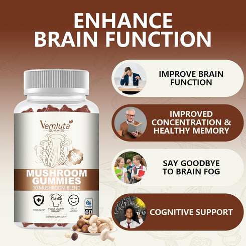 Vemluta 2 Packs 5000MG Gummies -10 Immune 120 Counts Mushroom Blend Organic Mushroom Supplement containing Lion's Mane