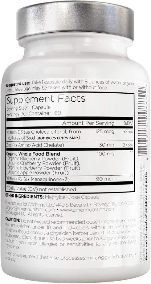 Amen Vitamin D, K2 & Zinc, 5000 IU Cholecalciferol D3 - Organic Whole Food Blend with Apple, Blueberry, Cranberry,