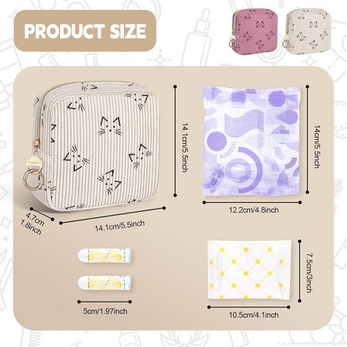 Period Bag for Teen Girls, Corduroy Cute Cats Sanitary Napkin Storage Bag, Menstrual Pad Pouches Tampon Holder
