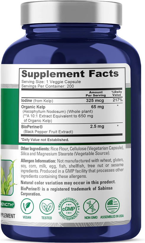 NusaPure High Absorption Sea Kelp Iodine, 325mcg, 650 mg per Veggie Capsule, 200 Count, Non-GMO, Vegan