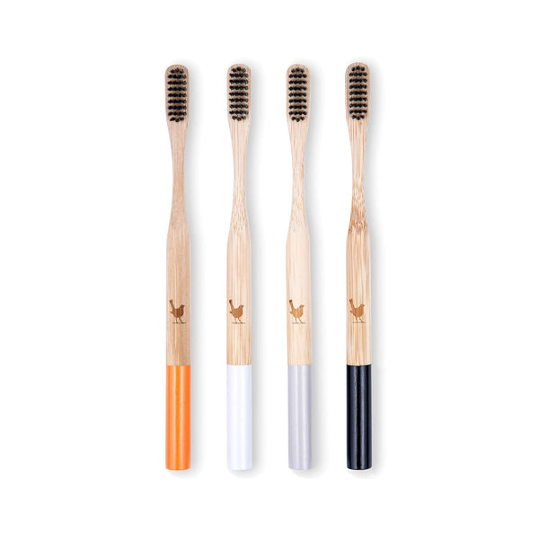 Bamboo Toothbrush Set of 4 with Soft Charcoal Infused Bristles
