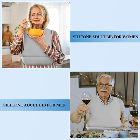 LARGE SIZE Silicone Adult Bib, Washable Bib for Men & Women, Waterproof Bibs for Elderly with Crumb Catcher, Adjustable
