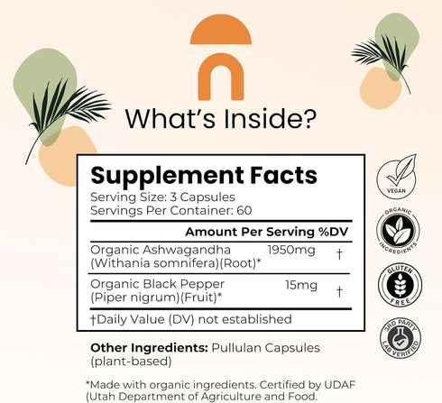 NutriRise Organic Ashwagandha Root Capsules 1950mg, 180 Count - Natural Stress, Mood, Thyroid & Immune Support