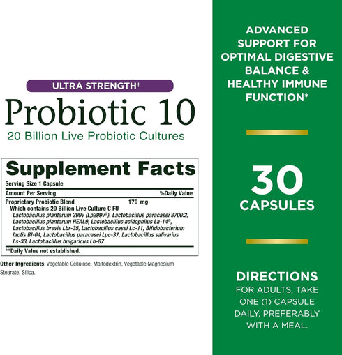 Nature’s Bounty Probiotic 10, Ultra Strength Daily Probiotic Supplement, Support for Digestive, Immune and Upper Respiratory Health, 1 Pack, 30 Capsules