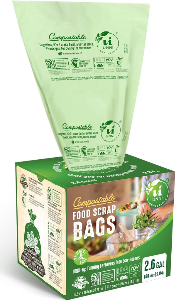 UNNI Compostable Liner Bags, 2.6 Gallon, 200 Count, Extra Thick 0.71 Mil, Small Kitchen Food Scrap Waste Bags