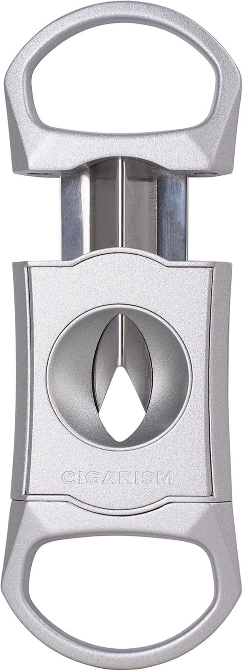V-Cut Cigar Cutter - Stainless Steel Blade, Up to 60+ Ring Gauge in Leather Gift Case (Silver)